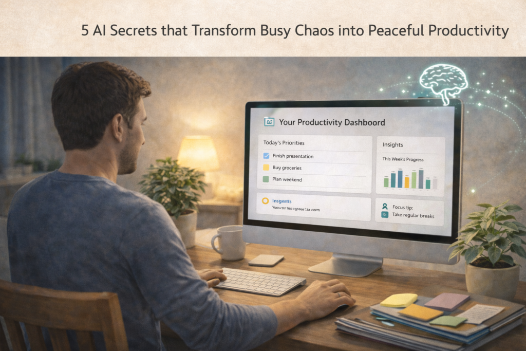 Serene workspace illustrating quiet AI productivity with minimal notifications and calm focus