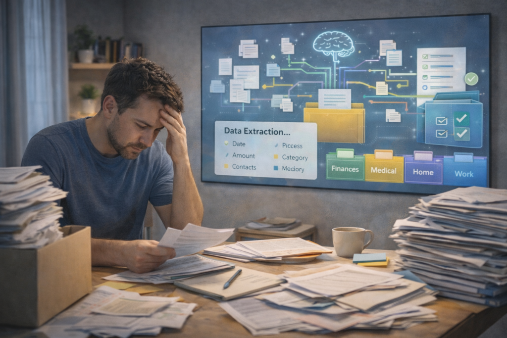 Serene home office with organized family documents in labeled folders, digital device showing AI software for automated document sorting, and clutter-free desk