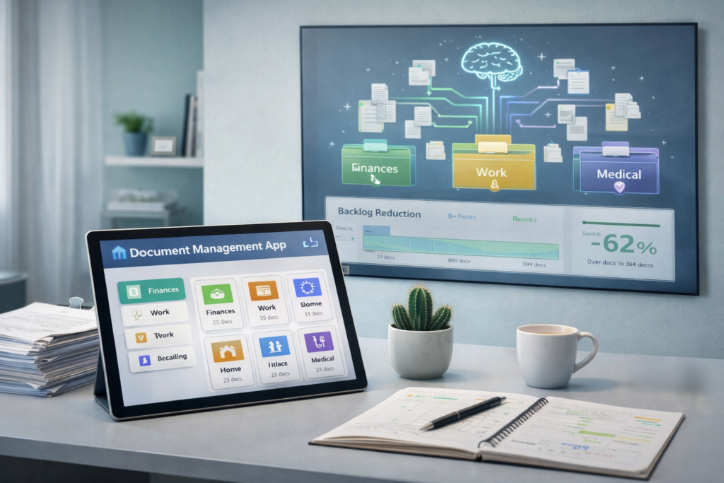Serene organized workspace with clean desk featuring computer displaying AI software that categorizes documents, with inbox tray of neatly stacked documents and digital workflow visualization