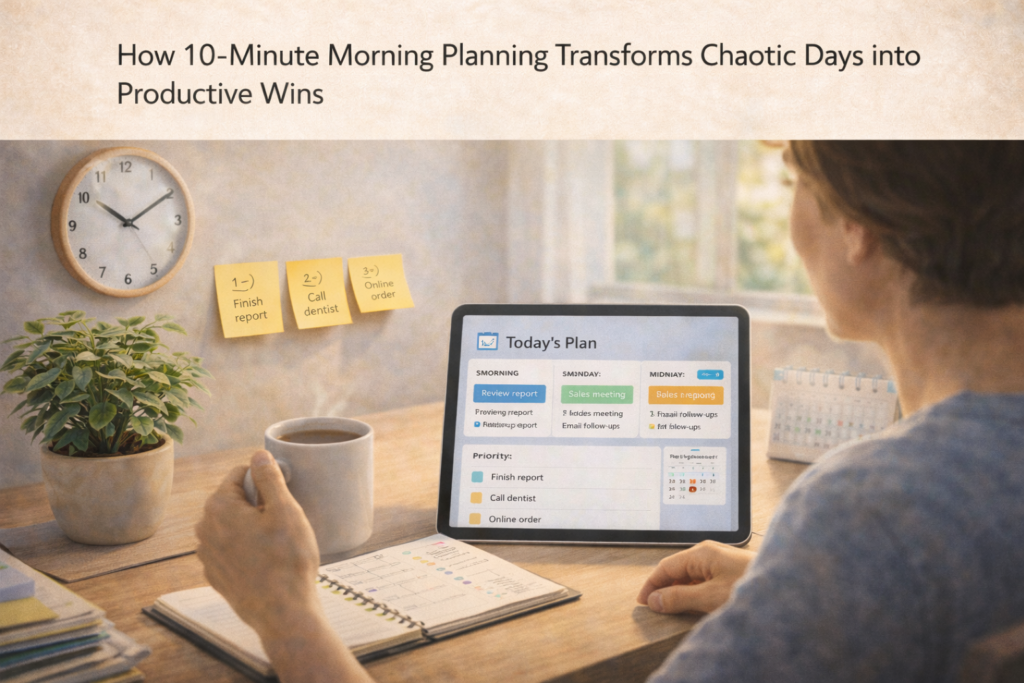 Person doing morning planning with coffee