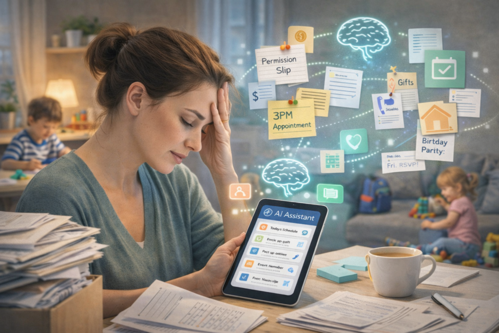 Parents enjoying quality time with children while AI technology helps manage tasks in the background