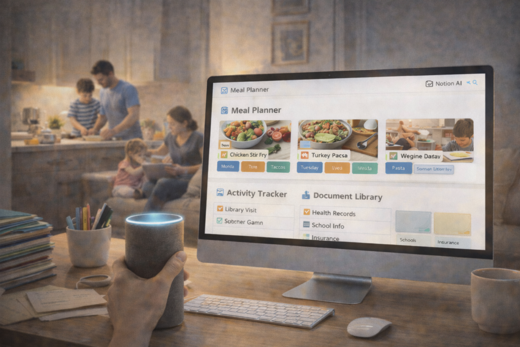 Family using Notion database for organization