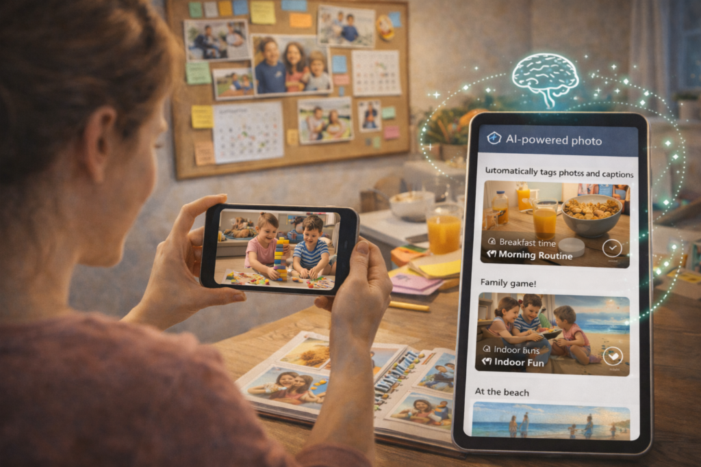 Busy family scene with parents capturing everyday moments with their children in a cozy living room, showing spontaneous memory-keeping with AI tools