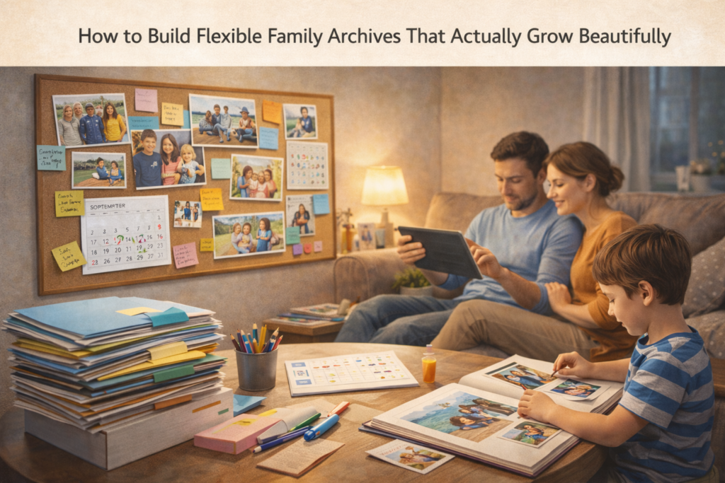 Vibrant family archive scene with open scrapbook filled with photographs and handwritten notes, surrounded by digital tablet with AI interface and family interacting in background