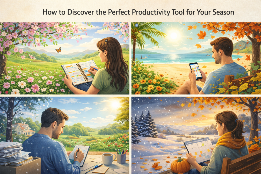 Seasonal landscape with different productivity tools for each season
