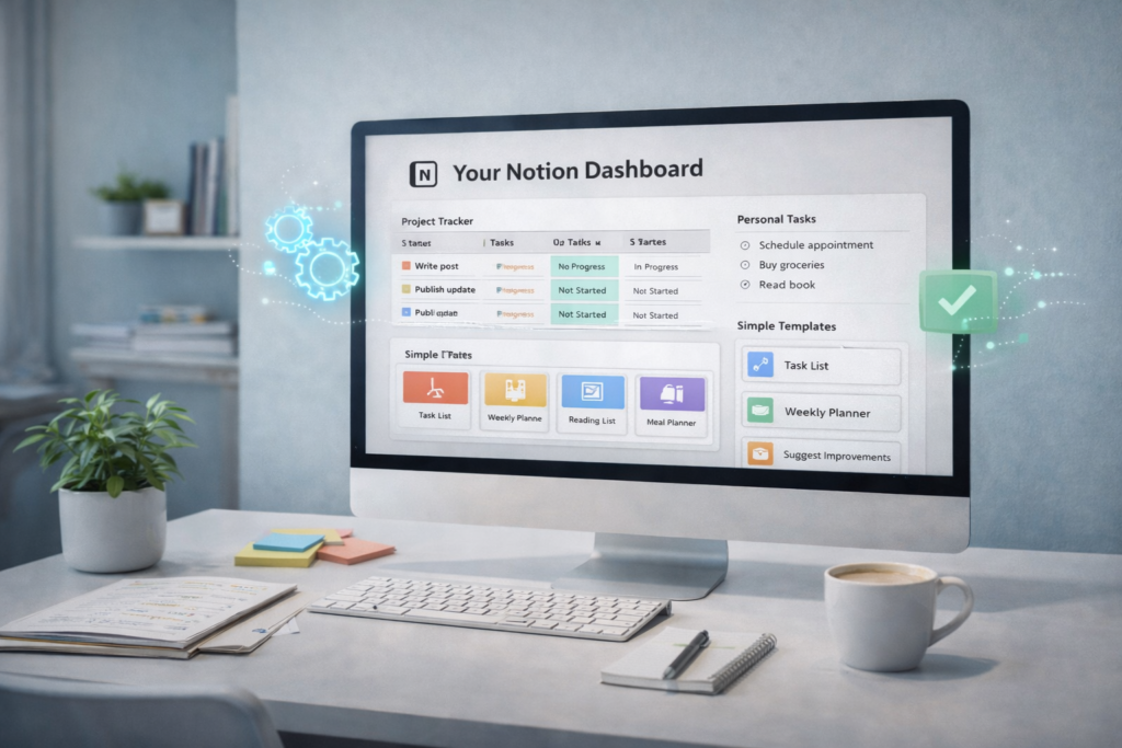Clean organized Notion workspace with templates and AI features