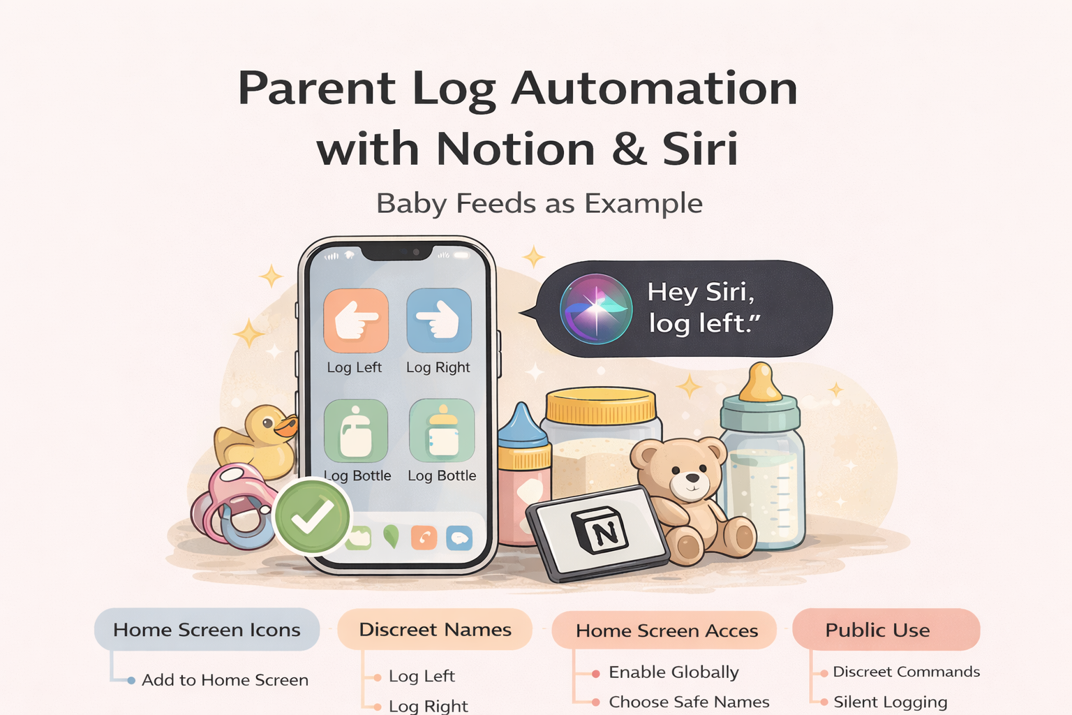 iPhone Shortcuts and Siri workflow for logging baby events into Notion.